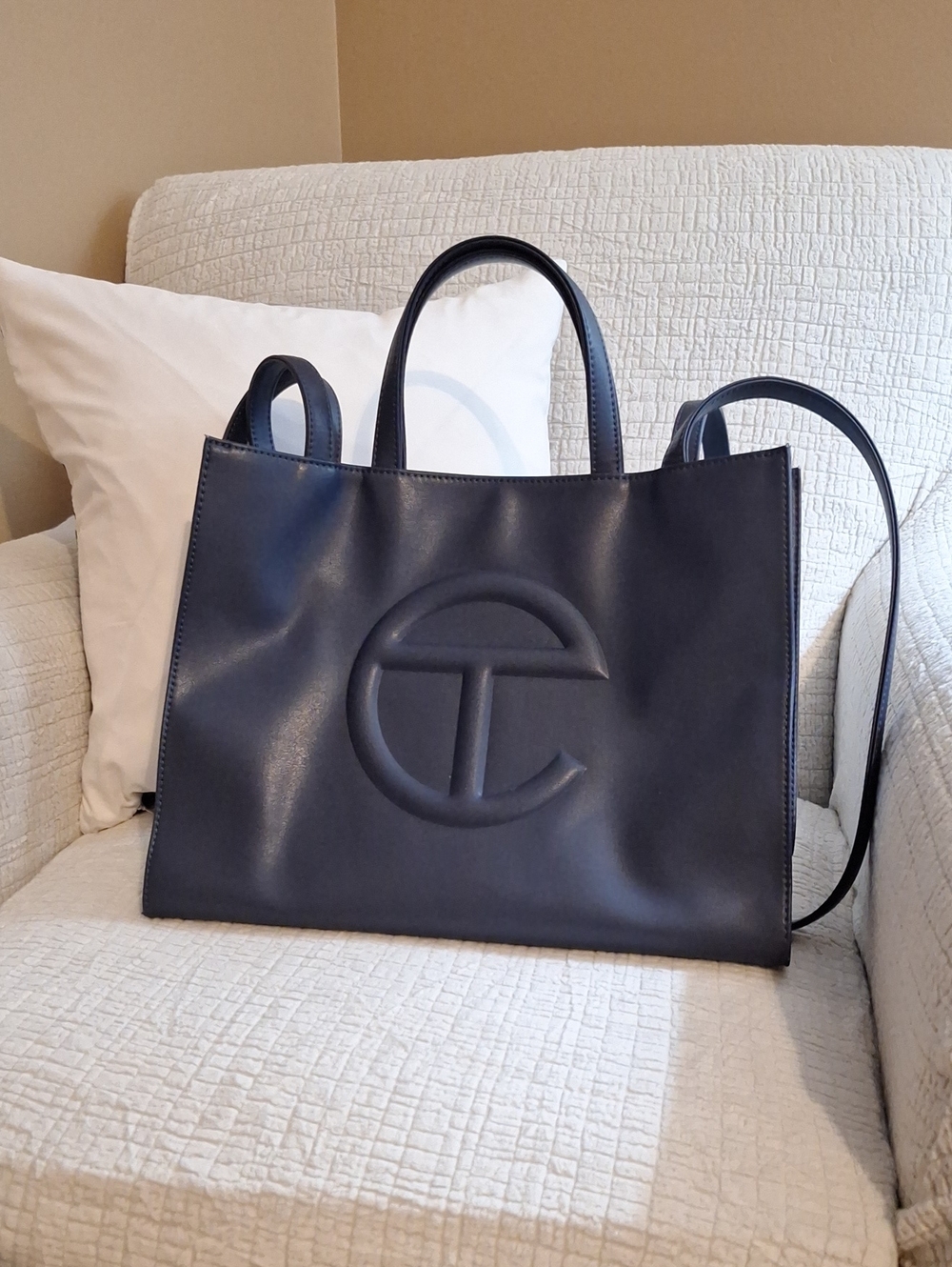 Telfar Large Dark Navy Leather Shopping Tote